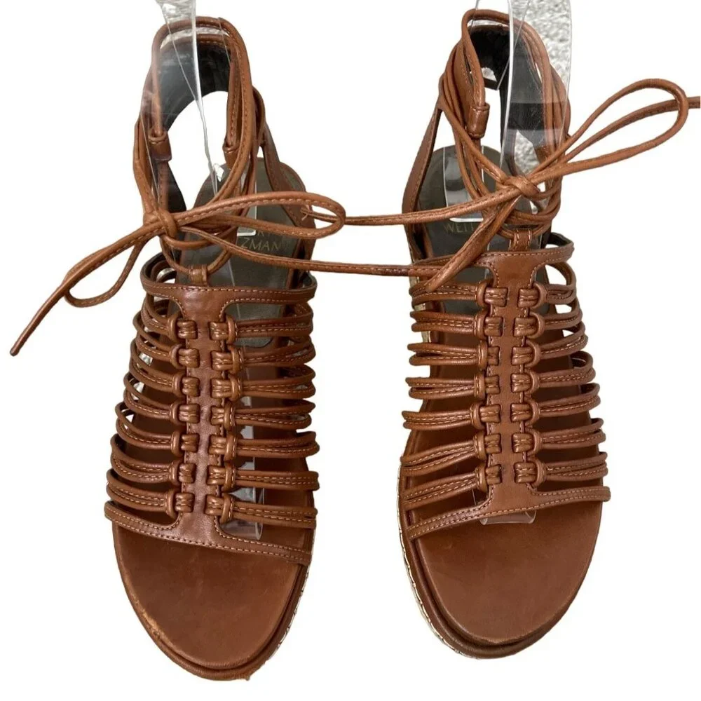 Stuart Weitzman KNOTAGAIN Wedge Caged Gladiator Platform Sandal‎ Brown $445 6M